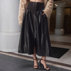 Women's High Waist Smocking Black Faux Leather Skirt Women Spring Autumn Skirt Mid Length Umbrella Skirt