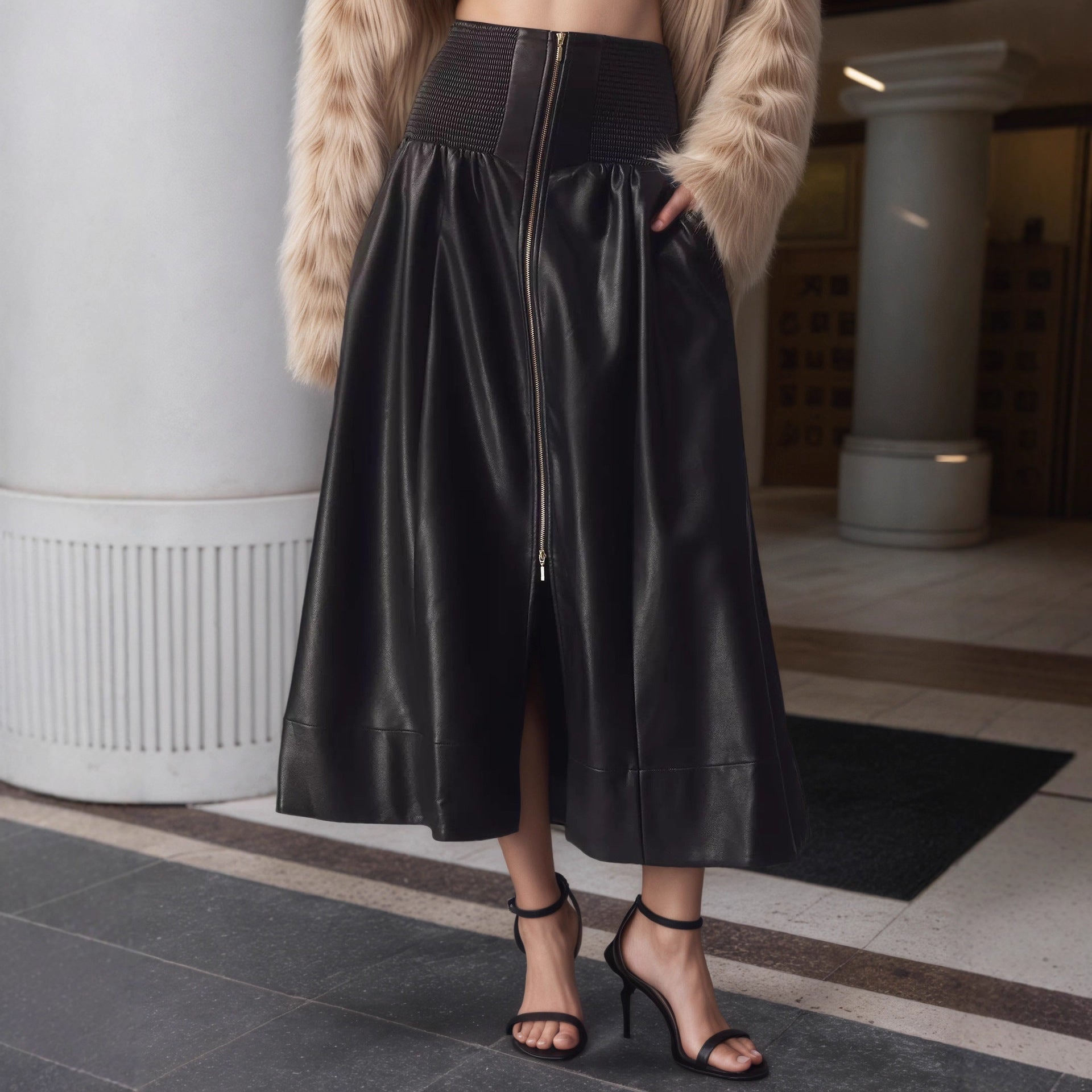 Women's High Waist Smocking Black Faux Leather Skirt Women Spring Autumn Skirt Mid Length Umbrella Skirt