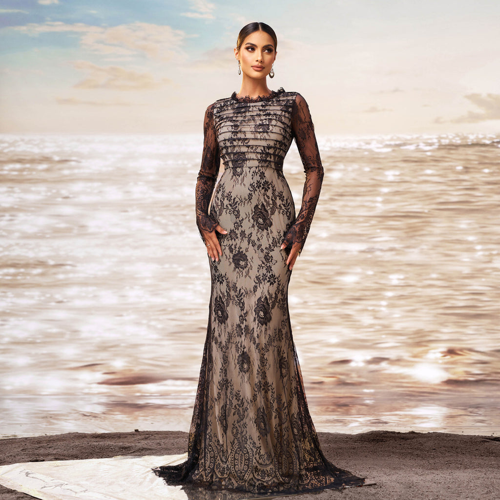 Women's Lace Long Sleeve Fishtail Evening Maxi Dress