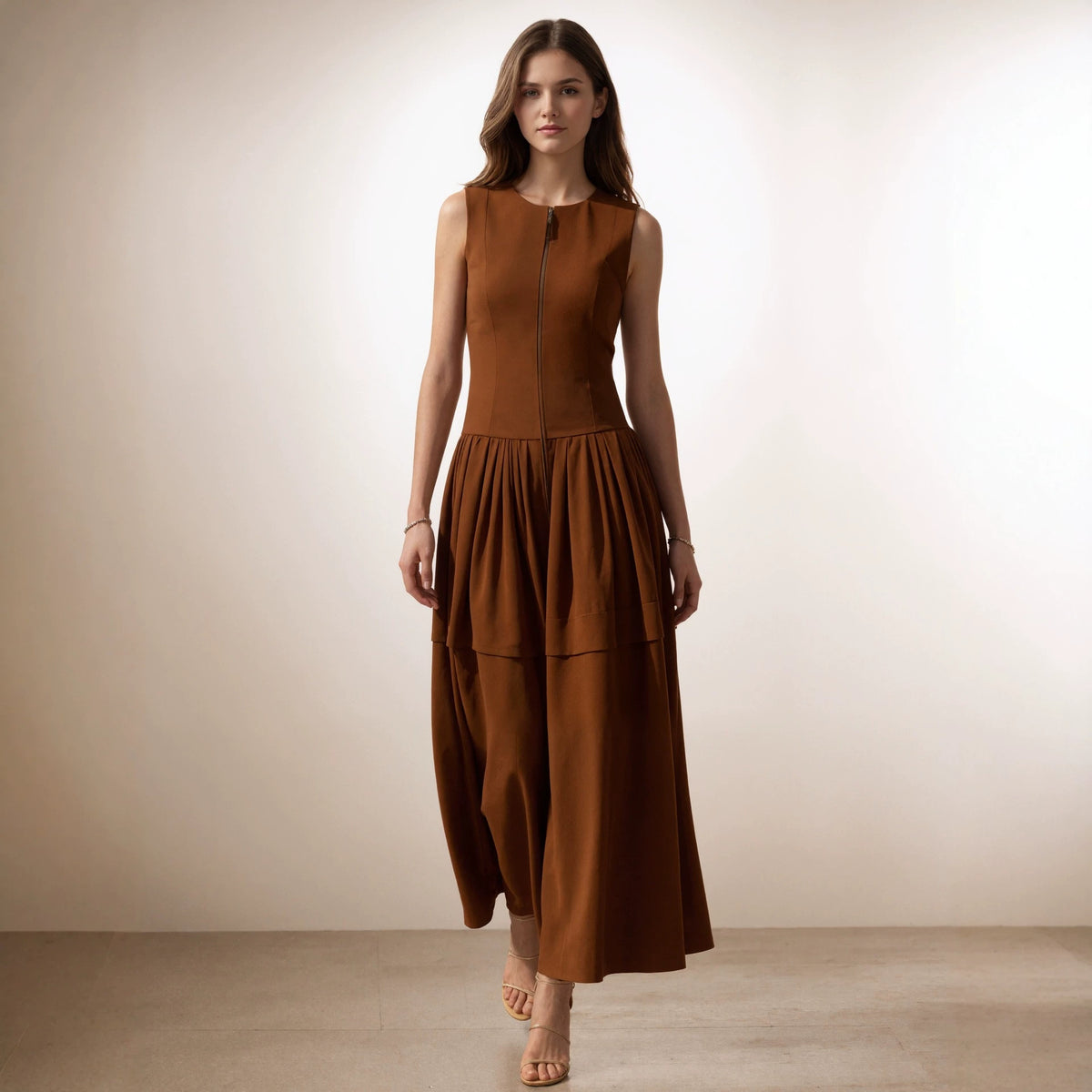 Women's Brown Sleeveless Layered Maxi Dress