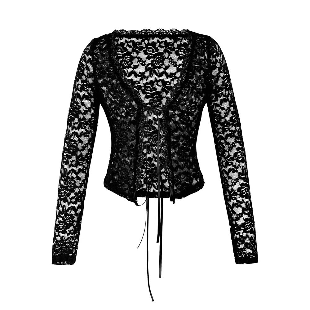 Lace Up V Neck Long Sleeve Crop Top