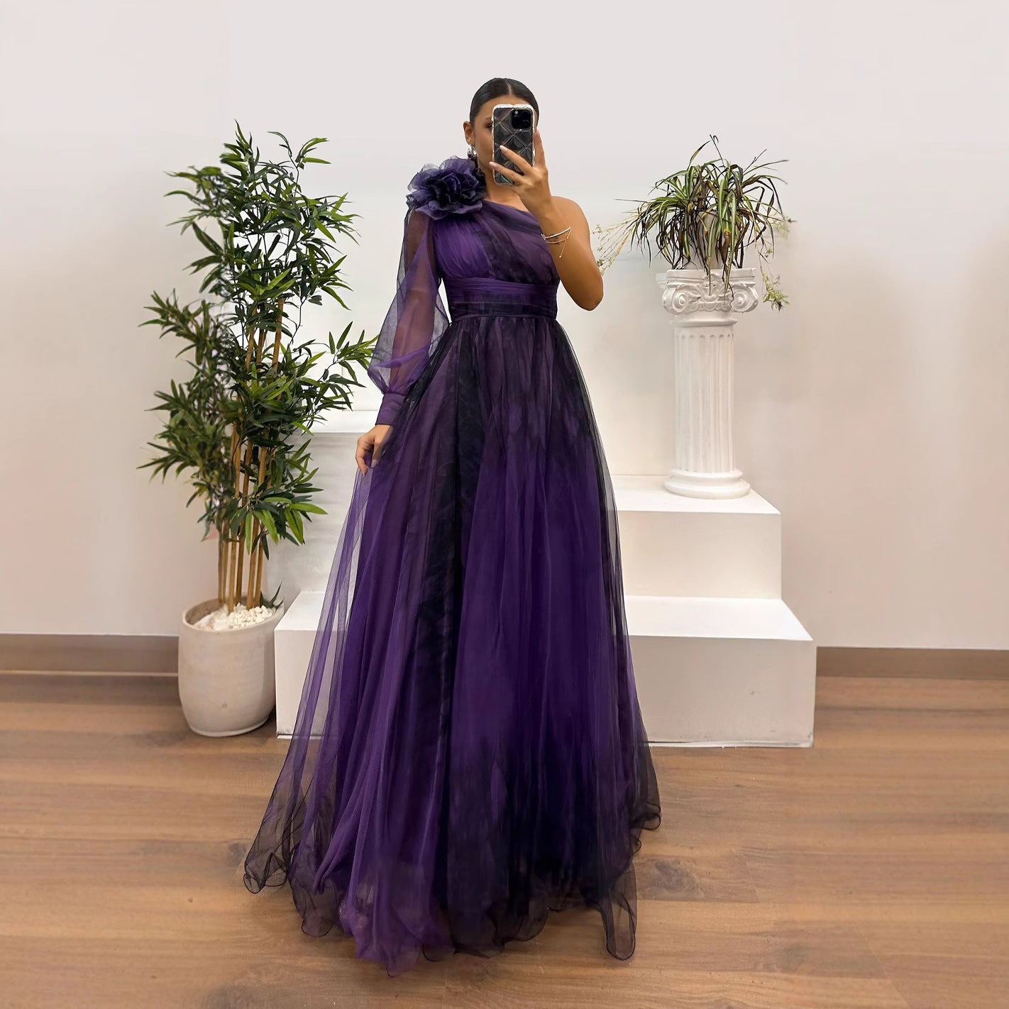Women's One-Shoulder Floral Mesh Asymmetric Long-Sleeve A-Line Maxi Dress