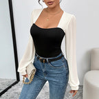 Patchwork Knitting Long Sleeve Fall Slim Fit Contrast Colors Elegant Square Collar Jumpsuit Women Clothing