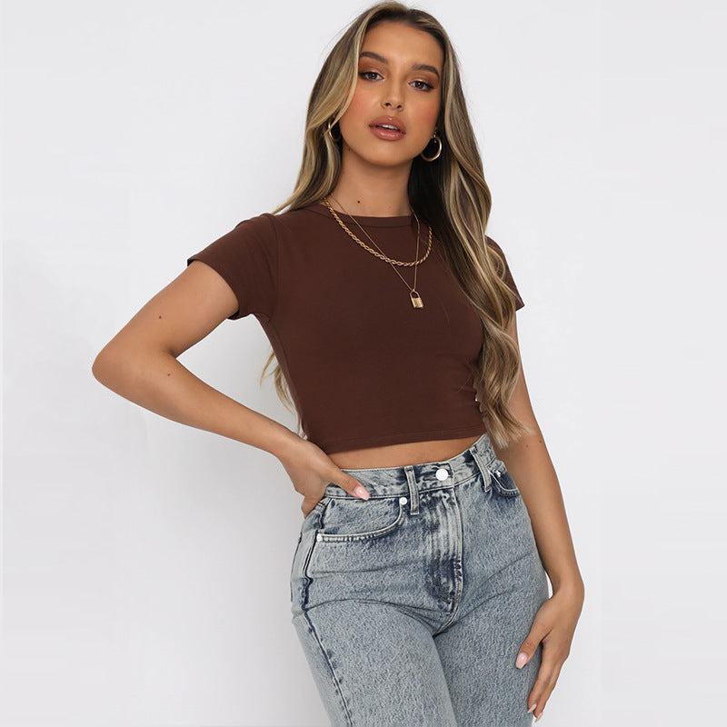 Women's Summer Women Solid Color Short Cropped Top Cotton Stretch Slim Round Neck T-Shirt For Women