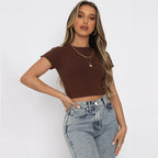 Women's Summer Women Solid Color Short Cropped Top Cotton Stretch Slim Round Neck T-Shirt For Women