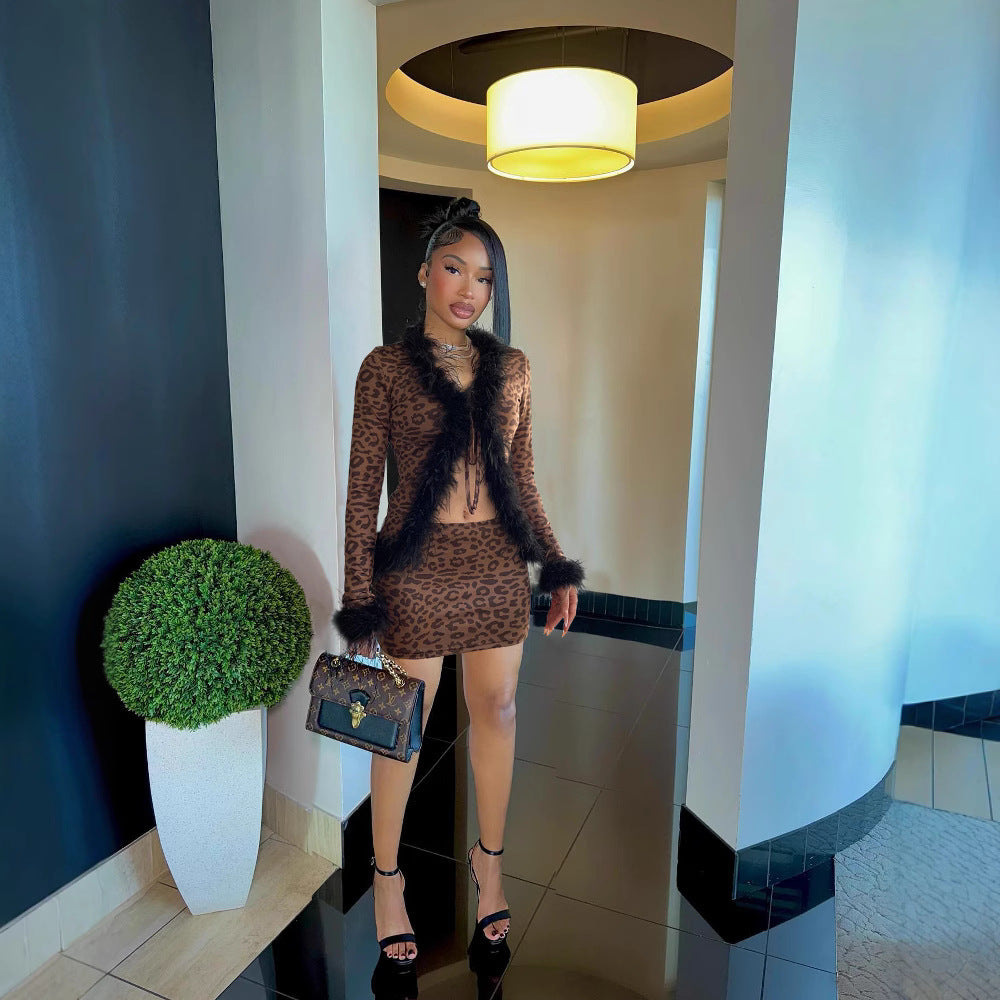 Women's Furry Stitching Tied Cardigan And Skirt Two-Piece Set