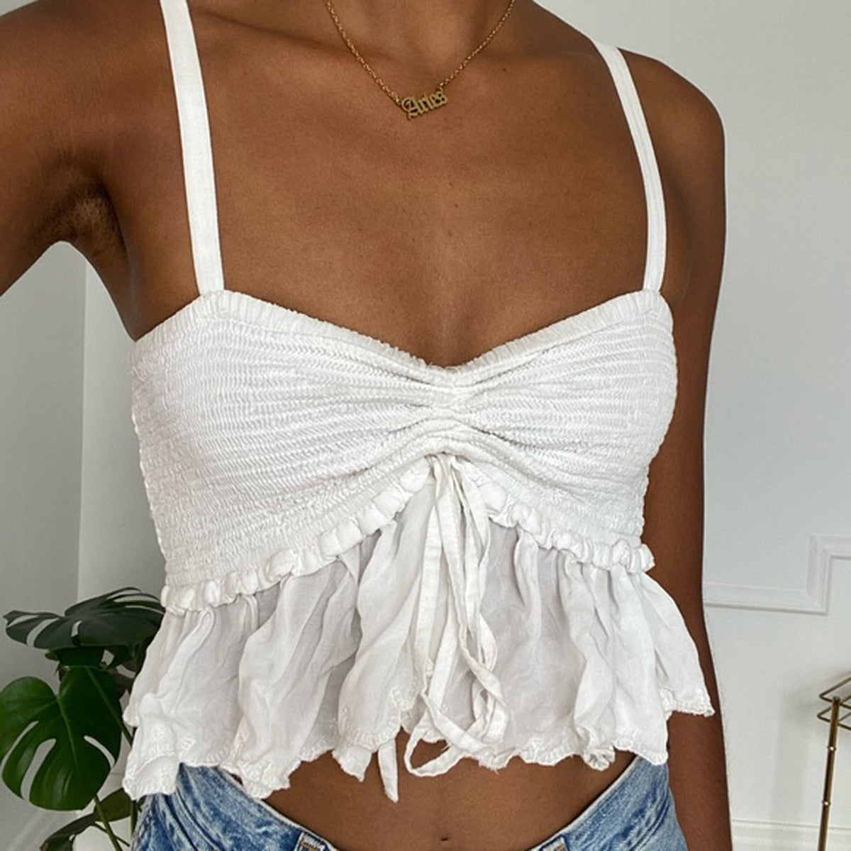 's Solid Color Sling Top Pleated Drawstring Lace Irregular