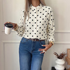 Women's Vintage Loose Collared Polka Dot Long Sleeve Shirt Women