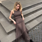 Women's Spring Stitching Ribbon Ruffled Slim Street Midi Dress