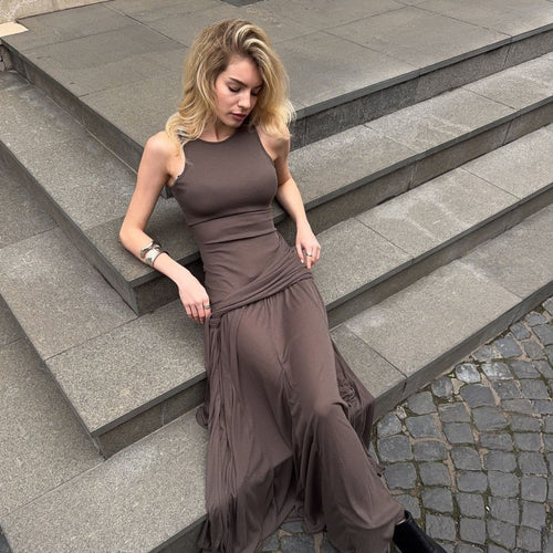 Spring Stitching Ribbon Ruffled Slim Street Midi Solid Color Dress