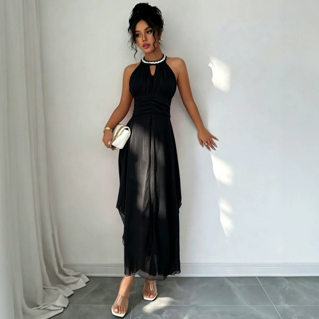 's Popular Version Halter Beaded Swing Strapless Dress Chiffon Formal Dress