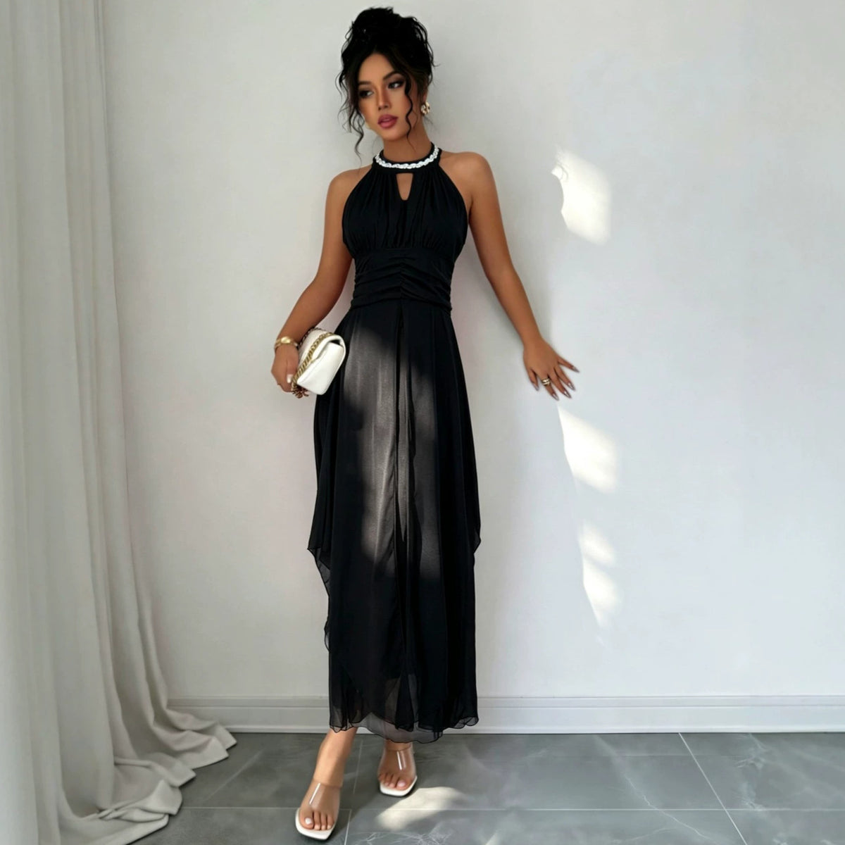 's Popular Version Halter Beaded Swing Strapless Dress Chiffon Formal Dress