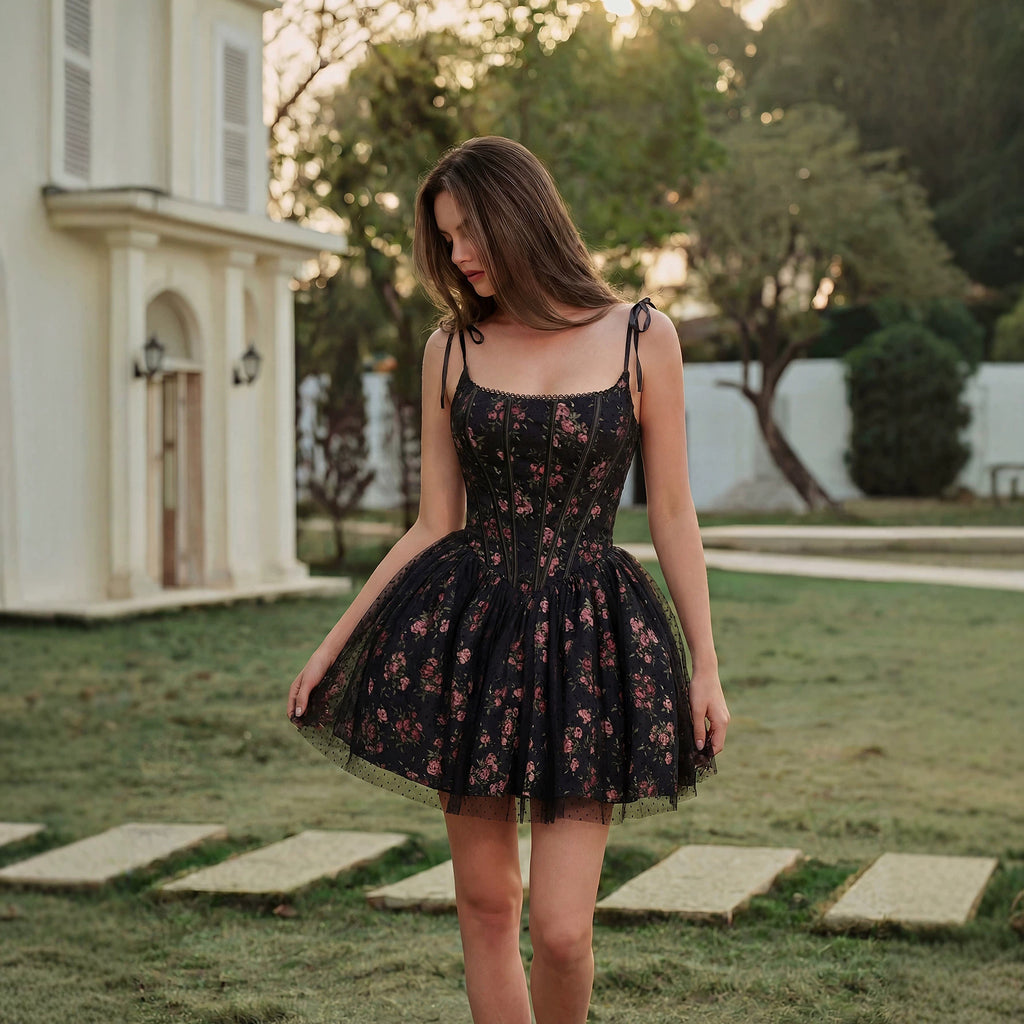 Women's Black Floral Corset-Inspired Mini Dress