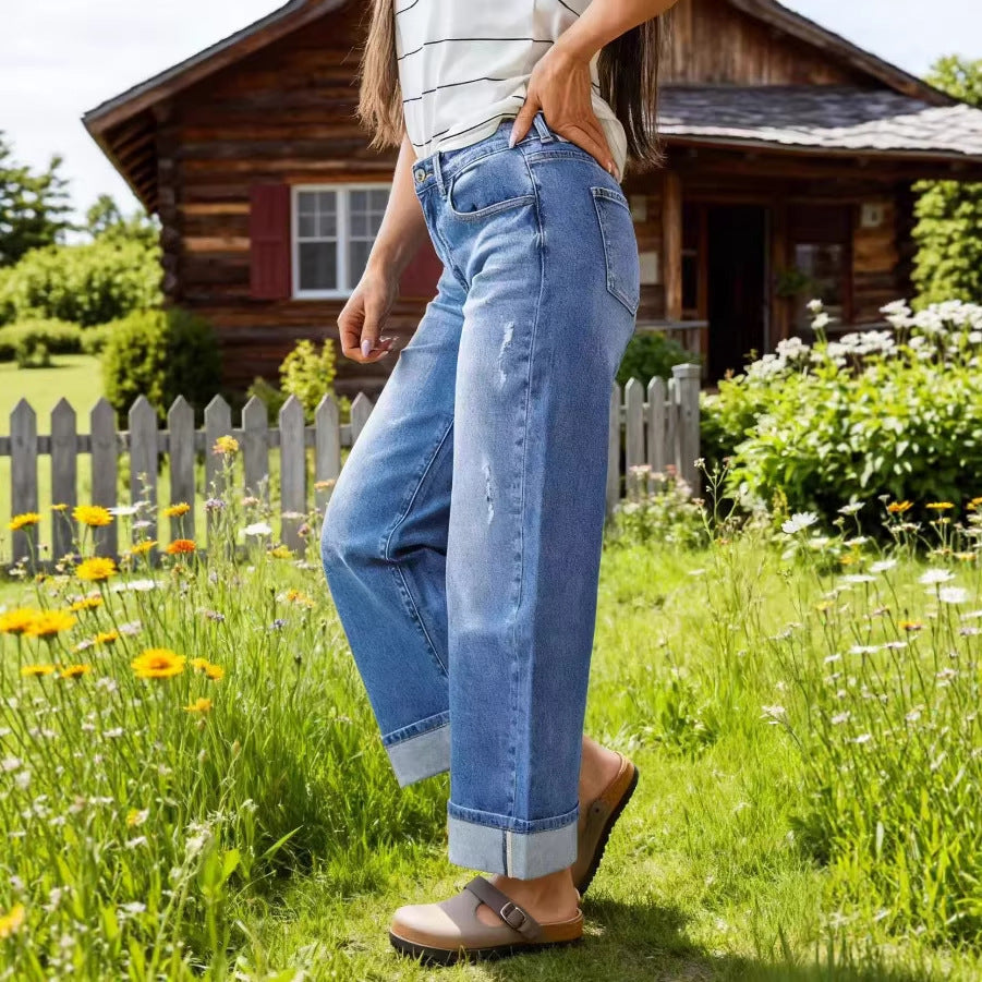Spring Summer HW Curl Ripped WLged Jeans Women Retro