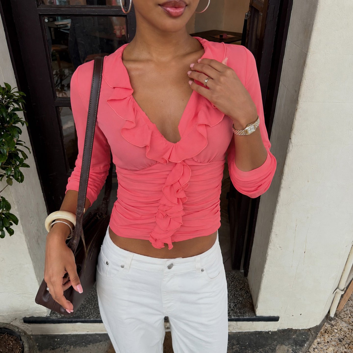 Women's Women Clothing Sexy Ruffles Pleated Slim Top Mid Length Sleeve T Shirt