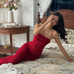 Red Lace Tube-Top Sheath Dress