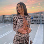 Autumn Printed Cropped Outfit Lace-Up Top Tight Sheath Short Dress Two Pie