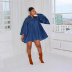 Elegant Loose Denim Row Pleated Stitching Dress
