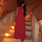 Cocktail Waist A line Dress High Collar Solid Color Maxi Dress
