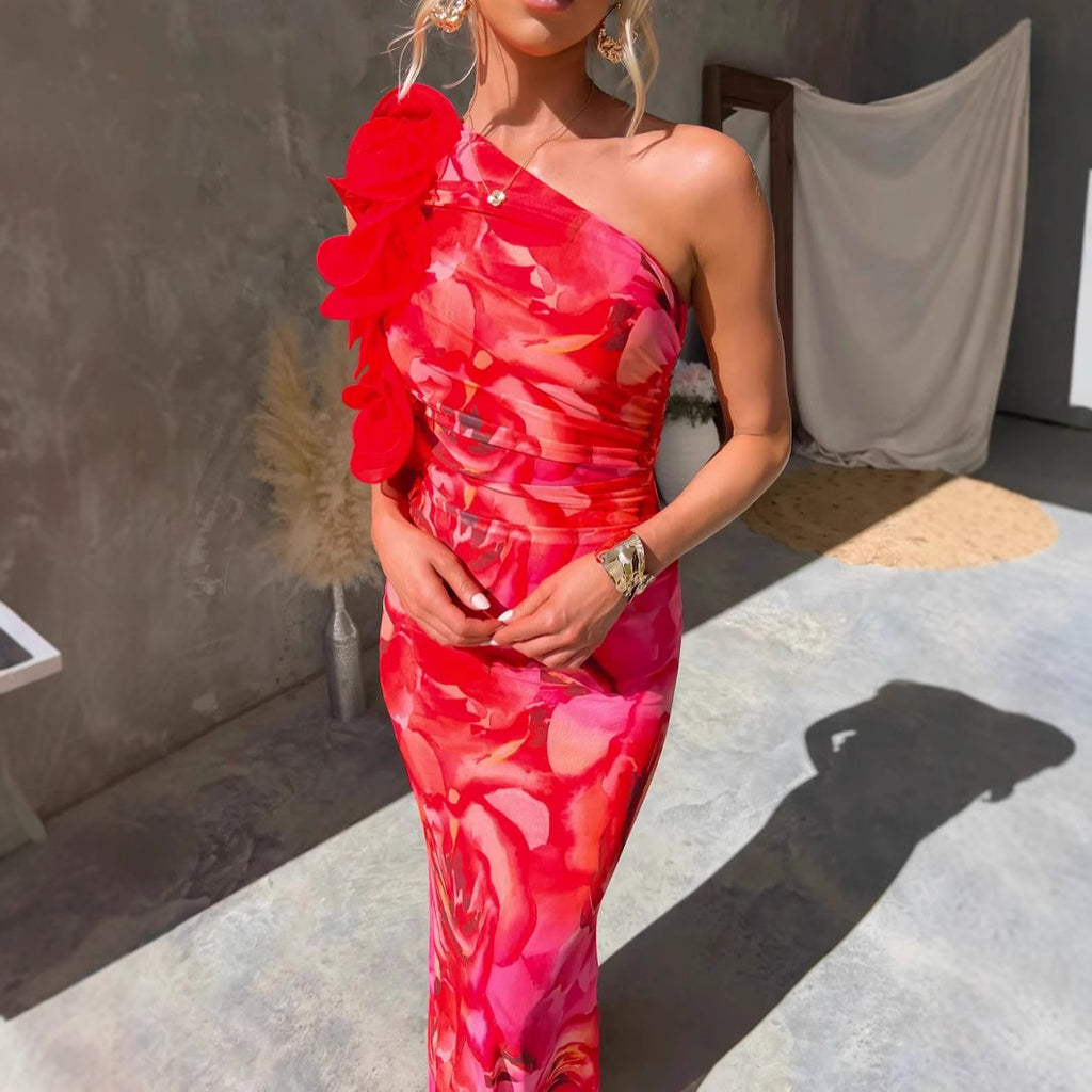 Women's One-Shoulder Printed 3D Ruched Ruffle Dress