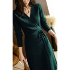 V neck Lace up Stomach Blanket Dress Women Autumn Winter Korean Loose Slim Socialite Knitted Dress