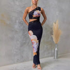 Women's Black One-Shoulder Floral Mesh Lace Dress