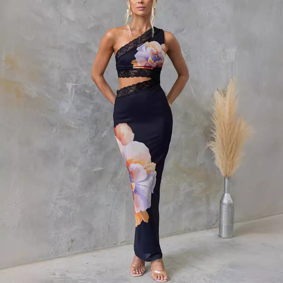 Women's Black One-Shoulder Floral Mesh Lace Dress