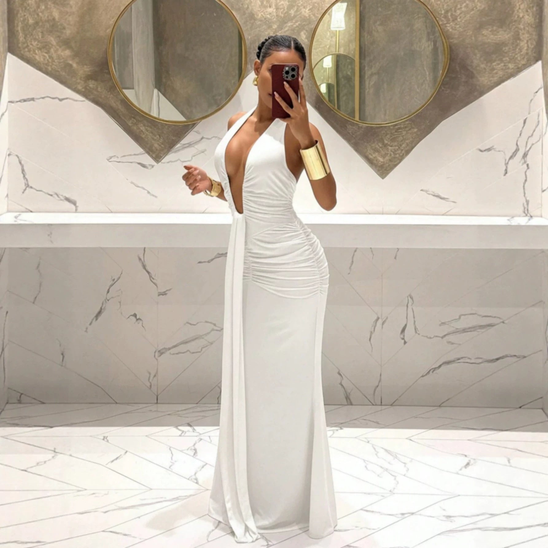 Halter Deep V Ruched Fishtail Maxi Dress