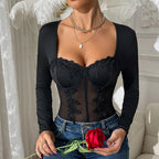 Women's Black Boning Corset Jumpsuit Underwear Sheer Long Sleeve