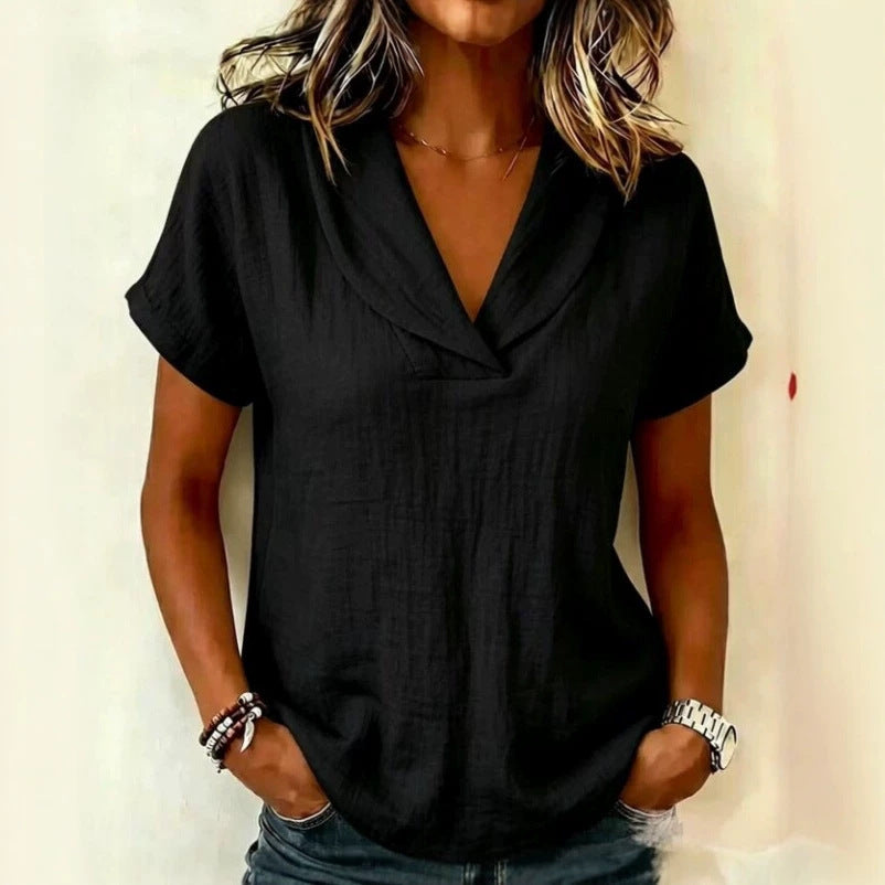 Summer V neck Short Sleeved Cotton Linen Shirt Women Loose Casual Solid Color Top