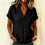 Summer V neck Short Sleeved Cotton Linen Shirt Women Loose Casual Solid Color Top