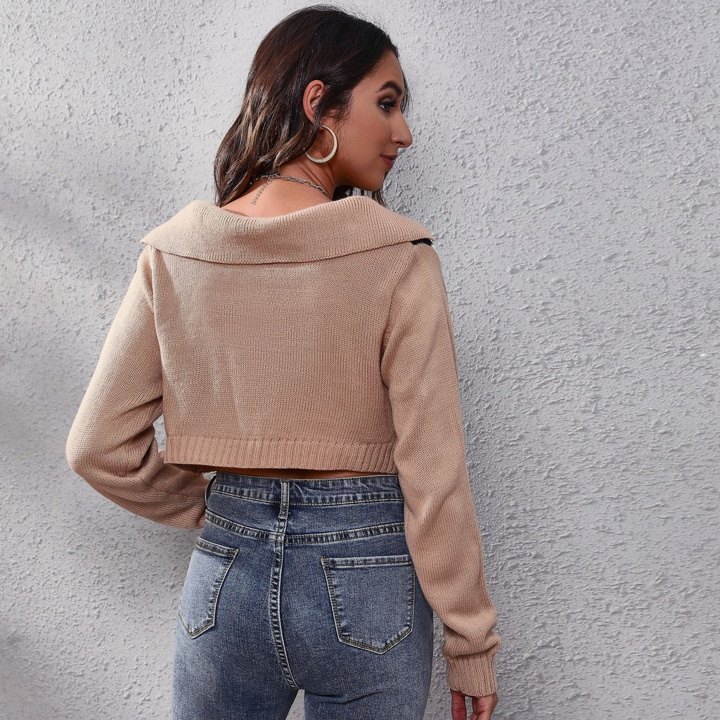 Women's Popular Rhombus Color Matching Doll Collar Rhombus Short Knitted Sweater Women Loose Women Clothing