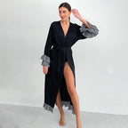 Autumn Black Satin Stitching Lace Nightgown Cardigan Long Sleeve Lace up Women Homewear