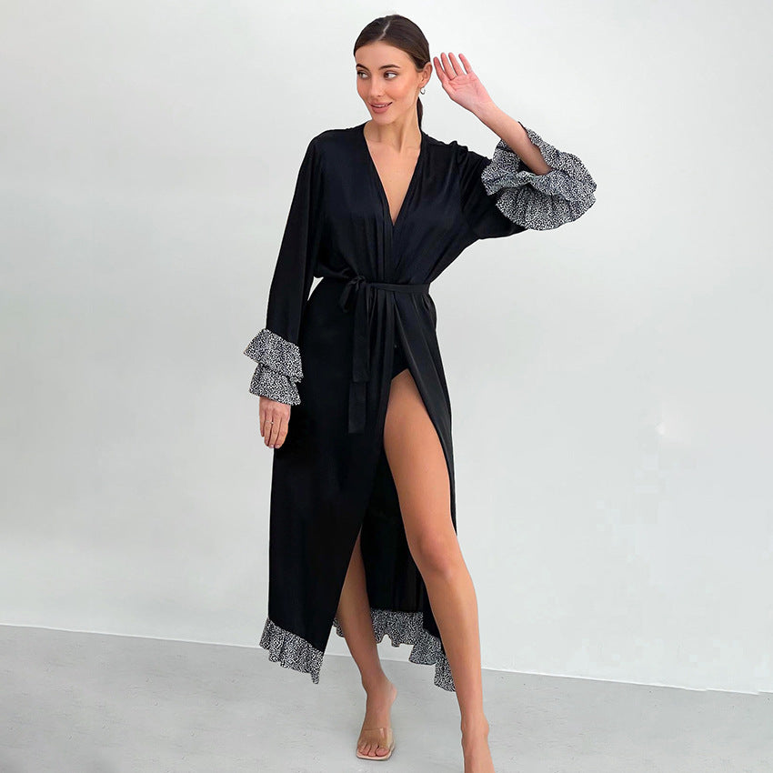 Autumn Black Satin Stitching Lace Nightgown Cardigan Long Sleeve Lace up Women Homewear