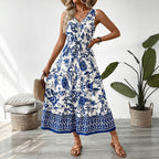 Women's sleeveless summer dress, blue and white floral tiered maxi with V-neck and ruffle hem