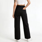 High Waist Simple Washed Black Women Wide Leg Jeans