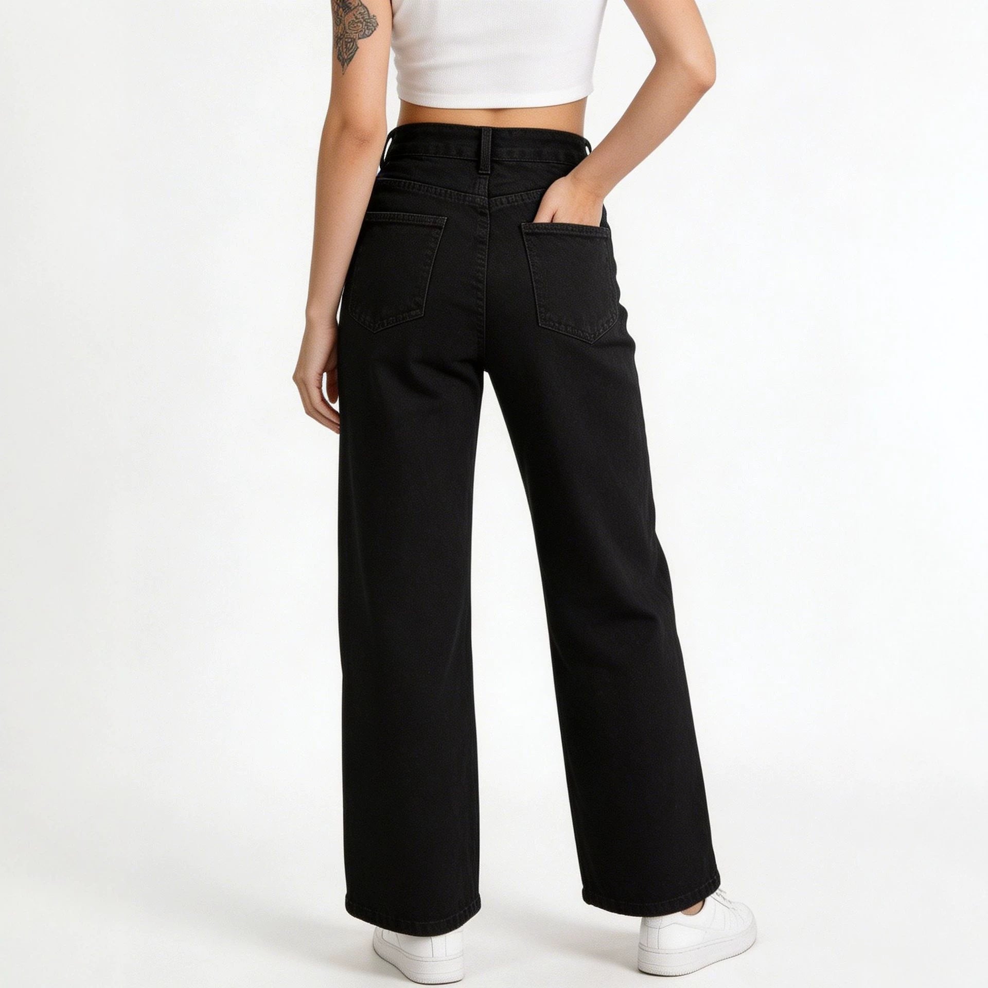 High Waist Simple Washed Black Women Wide Leg Jeans
