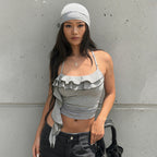Solid Color Ruffles Design Slim Short Halter Spaghetti Straps Top
