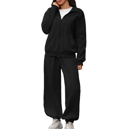 Women’s black fleece-lined zip hoodie and matching jogger trousers with side pockets