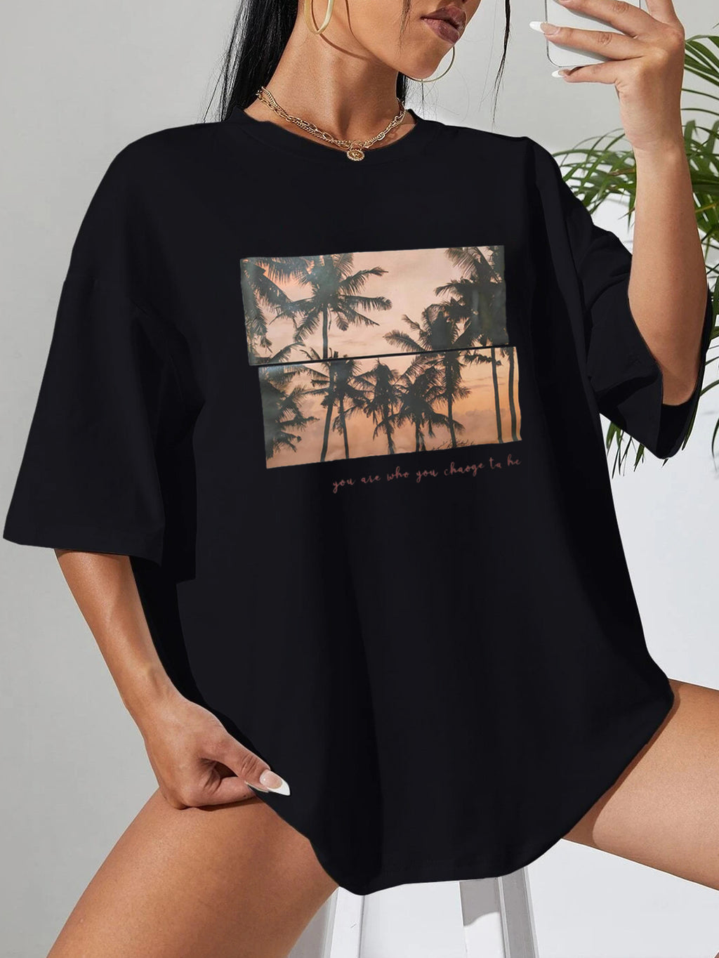 Women's Casual Black T Shirt Simple Round Neck Short Sleeve Women Top Loose Landscape Printing T Shirt