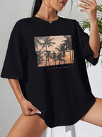 Women's Casual Black T Shirt Simple Round Neck Short Sleeve Women Top Loose Landscape Printing T Shirt