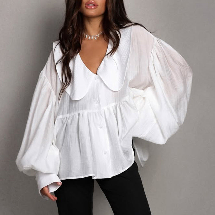 Women's French Puff-Sleeve White Shirt