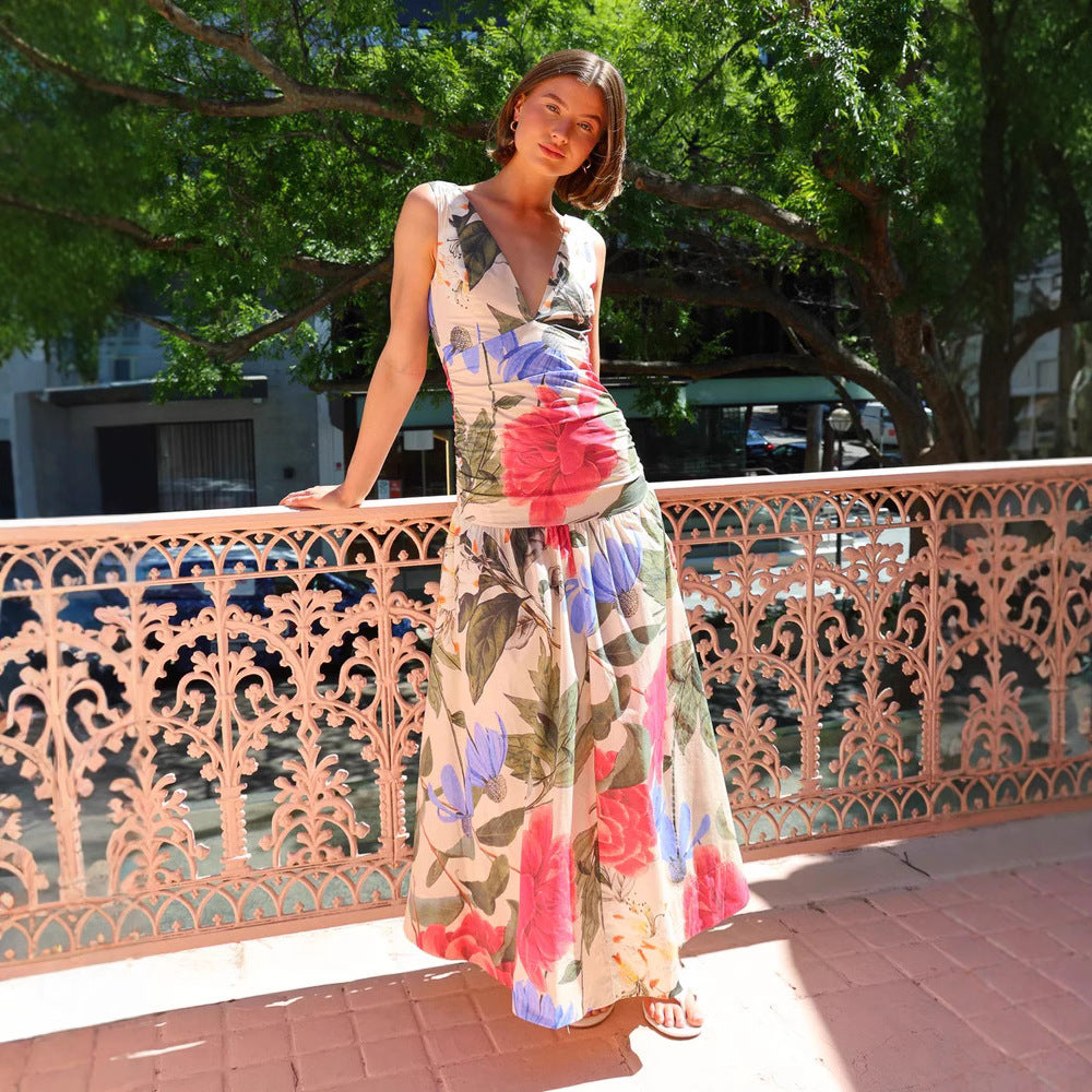 Women's Printed Strap Dress V neck Dress