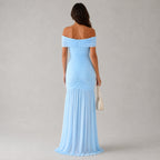 Women's Off-Shoulder Pleated Mesh Fishtail Maxi Dress