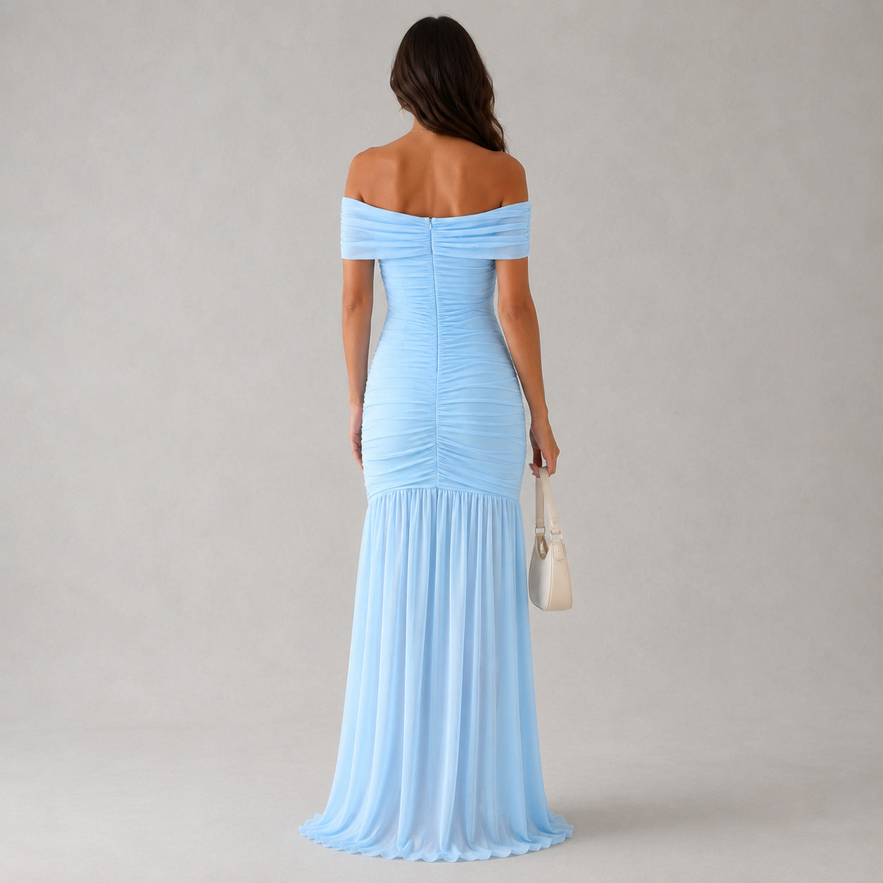 Women's Off-Shoulder Pleated Mesh Fishtail Maxi Dress