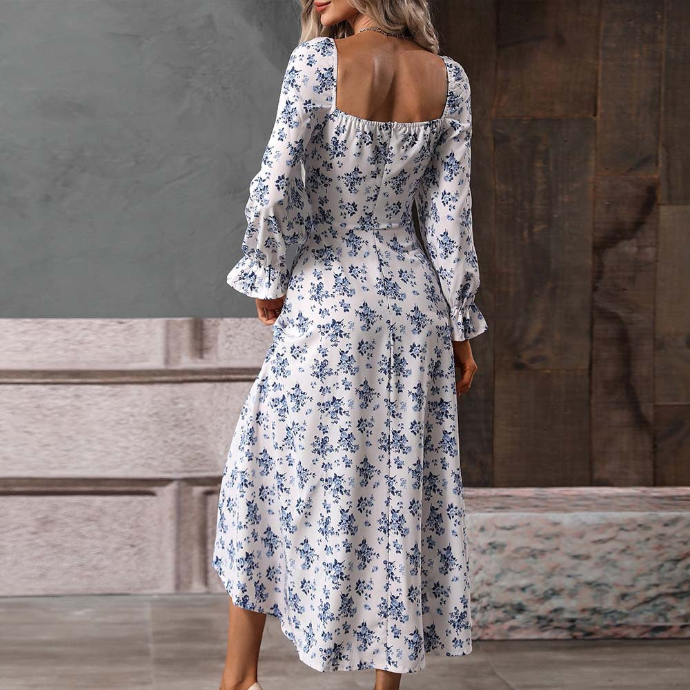 Women's Square Collar Floral Dress Elegant High Waist Dress For