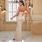 Women's Elegant Halter Backless Sleeveless High Waist Straight Ball Dress