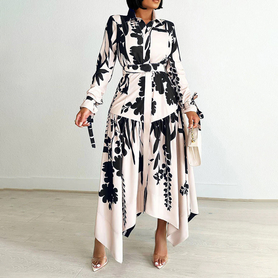 Collared Long-Sleeve Tied Irregular Asymmetric Pattern Print Dress