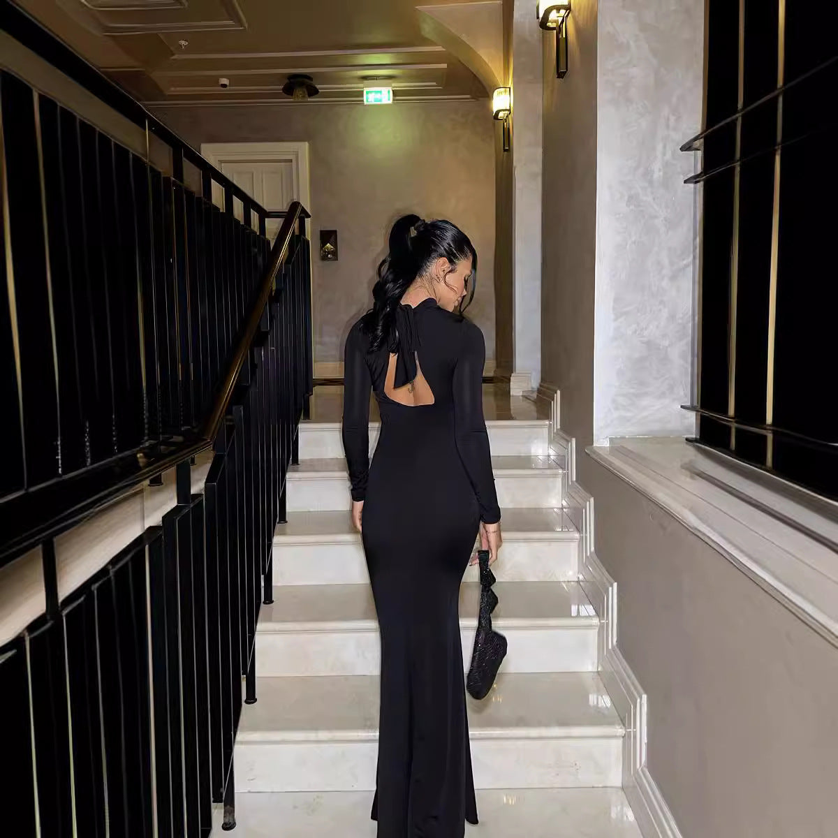 Women's Stand-Collar 3D Cutout Long-Sleeve Maxi Dress