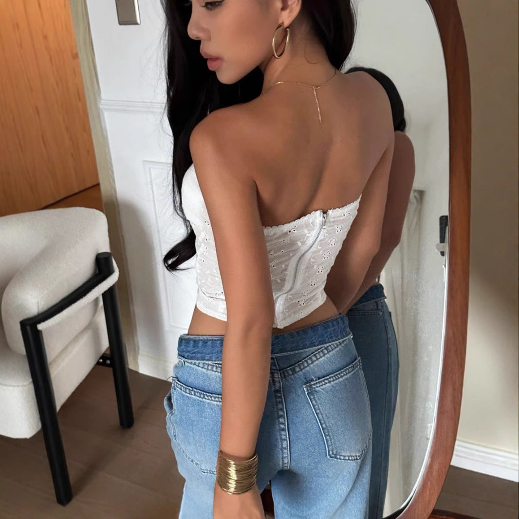 's Jacquard Off Neck Tube Top Thin Slightly See Through Zipper